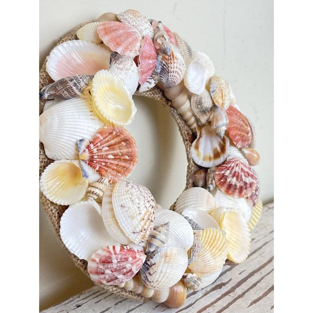 Vintage Nautical Hand Made Sea Shell Art Circular Wreath Frame 9” / Beach Home